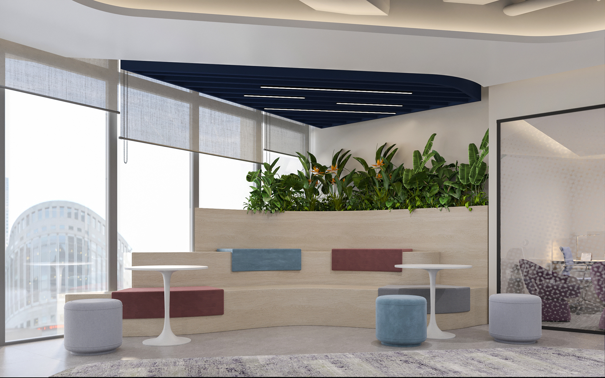 Modern commercial development interior with architectural lighting